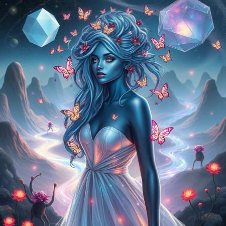 Create an image of a stunning woman with iridescent skin that shifts colors from deep blue to shimmering silver, standing in a dreamlike environment. Her hair is an intricate tapestry of flowing vines and flowers, intertwining with luminous butterflies that flutter around her.
The background features a bizarre landscape with gravity-defying hills and swirling rivers of liquid light. Giant, floating geometric shapes hover in the sky, casting colorful shadows on the ground. 
The woman wears an avant-garde dress made of translucent fabric that appears to be woven from starlight, changing form with each movement. Her eyes are multifaceted, resembling prisms, reflecting the surreal colors around her. 
Strange, whimsical creatures with elongated limbs and radiant patterns explore the landscape, while abstract, pulsating plants emit soft glows. The scene evokes a sense of wonder and enchantment, blurring the lines between reality and fantasy.