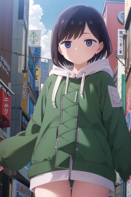 kanaichikawa, <lora:kana ichikawa s1-lora-nochekaiser:1>,
kana ichikawa, short hair, bangs, blue eyes, black hair, (ringed eyes:1.5),
BREAK jacket, hood, hoodie, hood down, drawstring,
BREAK outdoors, city, sun, sky, clouds,
BREAK looking at viewer, (cowboy shot:1.5),
BREAK <lyco:GoodHands-beta2:1>, (masterpiece:1.2), best quality, high resolution, unity 8k wallpaper, (illustration:0.8), (beautiful detailed eyes:1.6), extremely detailed face, perfect lighting, extremely detailed CG, (perfect hands, perfect anatomy),