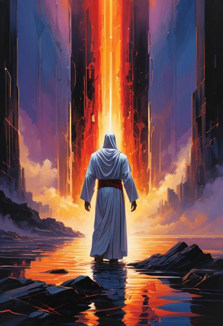 Jesus, wearing a white robe, stands waist-deep in a river, he is baptizing a shiny metallic robot with a futuristic, cyborg-like appearance, the robot has glowing red eyes and intricate mechanical details,
Abstract illustration, surreal fractured landscape, twilight sky with deep indigo to fiery orange gradient, towering geometric shapes resembling shattered glass and steel beams, inner light glowing within structures, dark polished surface reflecting light, ethereal swirling fog in muted purples and blues, vibrant golds and reds in the distance, bursts of light and shadow creating dynamic contrast, white beam of light piercing the sky symbolizing memory and hope, abstract expressionism and digital futurism hybrid, bold colors with intense reds, blacks, golds, and silver, light casting long stretched shadows, broad sweeping brushstroke textures enhanced with digital precision, mist swirling at the base of the scene, radiant sky evoking reflection and honor, powerful and dramatic atmosphere, emotional tribute to 9/11 without banality or figures.