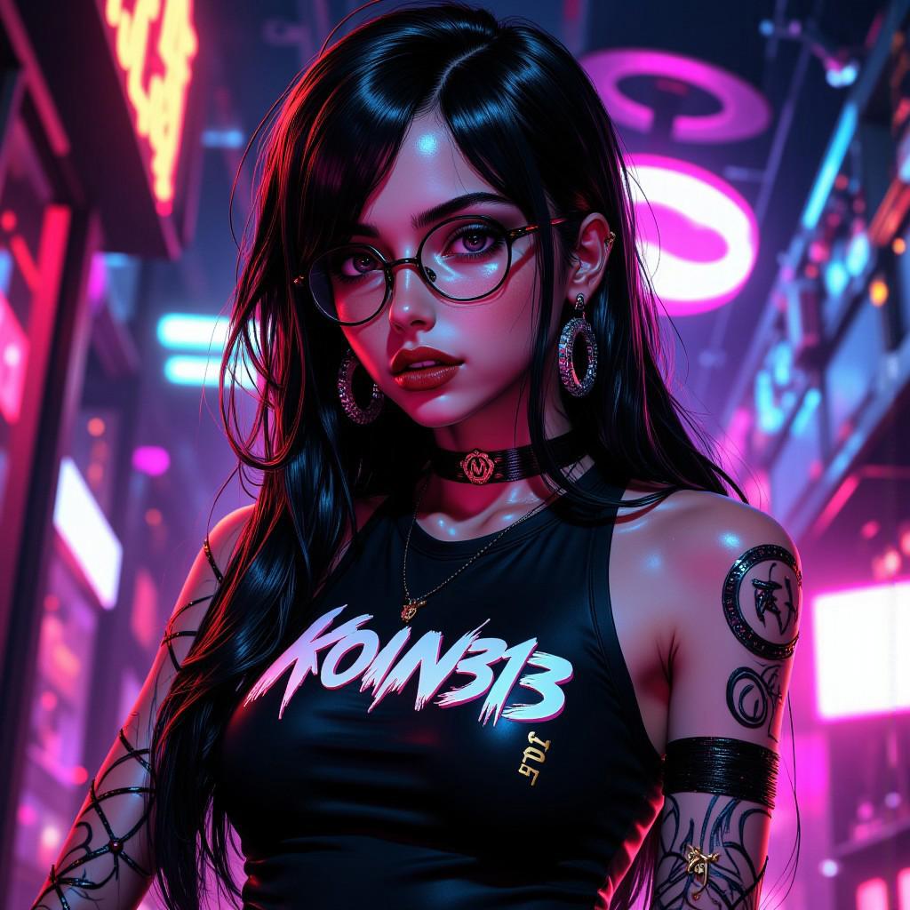 Image is a vibrant, high-contrast portrait, featuring a female character with a bold and edgy appearance. She has fair skin, including a prominent emo design. Her facial features are sharp, with large eyes accentuated by glasses. Her hair is black and long. She wears a black sleeveless shirt with the word 'KOIN313' printed in white, bold, cursive letters. She have nice breast. The background is a discotic, creating a stark contrast with her dark attire and hair. <lora:aidmaMJ6.1_v0.3:0.6> aidmaMJ6.1,  <lora:FluxMythP0rtr4itStyle:0.6> mythp0rt, <lora:ARTifacts:0.8>