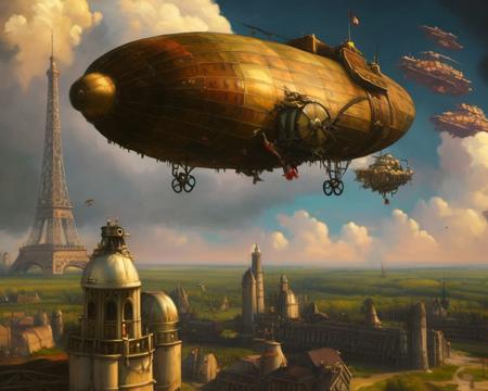 a retro future steampunk airship by laxpeintV2, 1 airship flying in airspace over 1942 Paris France