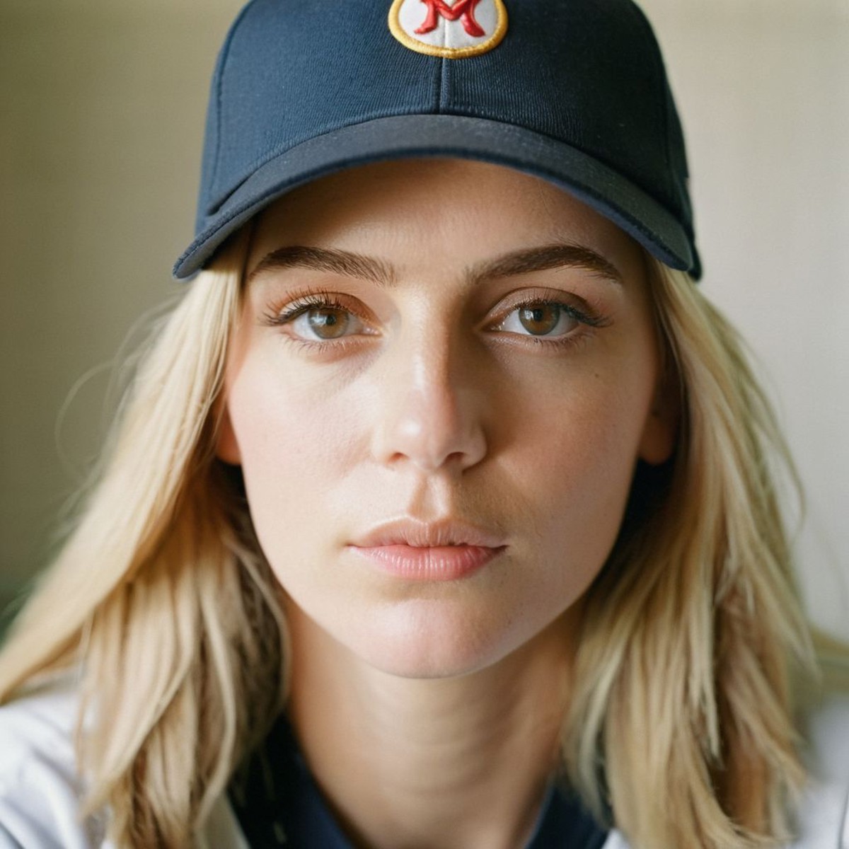 film photography style a woman with hazel eyes and light hair wearing a baseball cap, Close Up, Eye Level, light grain <lo...