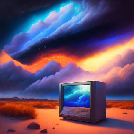 (weathercontrol:1) a painting of a computer with a storm in the background <lora:djzWeatherControlV21_LoraBooth:1>