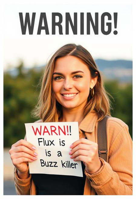 woman holding paper "Warning! Flux is a Buzz killer"