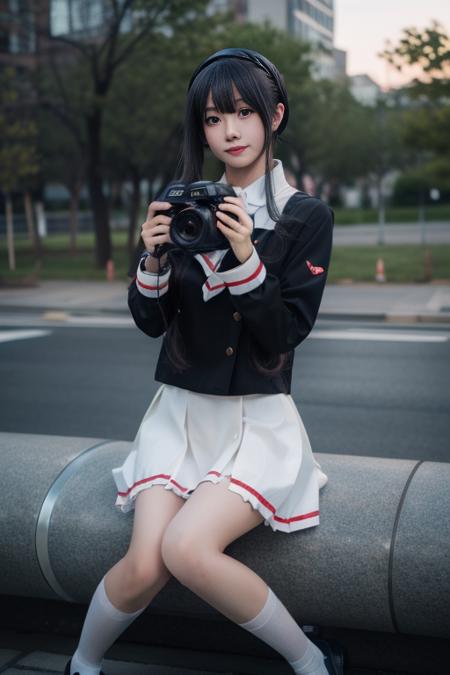 daidouji tomoyo, 1girl, solo, cosplay, cowboy shot,  tomoeda elementary school uniform, serafuku, long sleeves,buttons,neckerchief, pleated skirt,socks, loafers,  short hair,braided bun, long hair, straight hair,   bangs, sidelocks,hairband, 