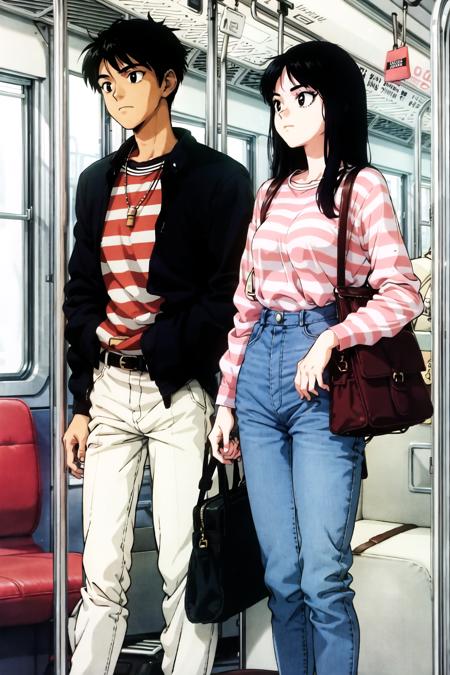 1boy, 1girl, bag, black eyes, black hair, handbag, holding bag, jacket, long hair, long sleeves, pants, retro artstyle, satchel, shirt, short hair, shoulder bag, striped, striped shirt, suitcase, train interior