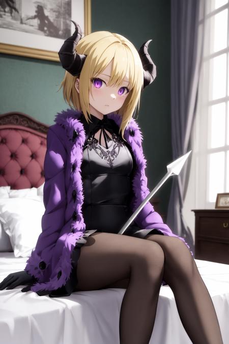 (exceptional,best aesthetic,new,newest,best quality,masterpiece,extremely detailed,anime:1.2),1girl,(((demon tail))),purple fur coat,wings,purple coat,purple fur-trimmed jacket,fur coat,winter coat,black dress,black leather dress,demon,horns,demon horns,demon wings,demon tail,demon wings,demon wings,blonde hair,pink eyes,black leather dress,purple fur coat,pantyhose,high heels,mansion bedroom,white gloves,inside,sitting,indoors,embroidery,embroidery,silk,white heels,forked tail,spade tail <lora:SilvermoonMix02_2:1>