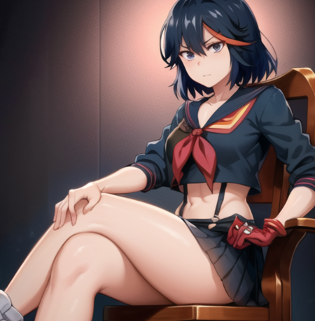 beautiful, masterpiece, best quality, extremely detailed face,  perfect lighting,1girl, solo, matoi ryuuko, black serafuku, black skirt, red hair, <lora:MRyuukoV1:0.8>, 
sitting, crossed legs, chair, shiny, shiny skin