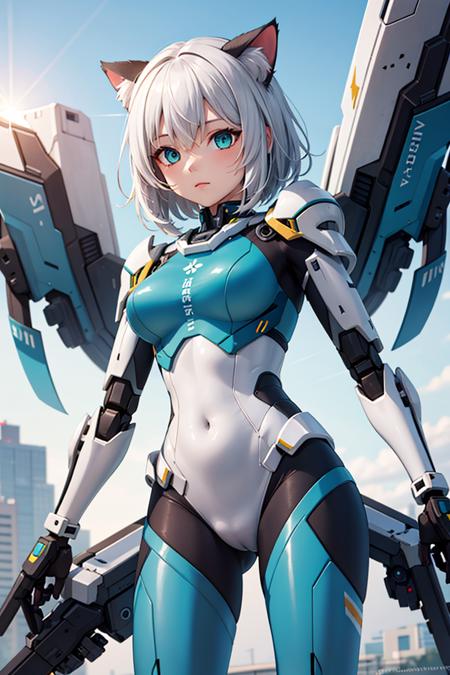 (masterpiece), best quality, high resolution, highly detailed, detailed background, perfect lighting, lens flare, mecha, 1girl medium hair white hair, cat ears, aqua eyes, mecha musume, mecha, mecha clothing, mecha armor, tight bodysuit,