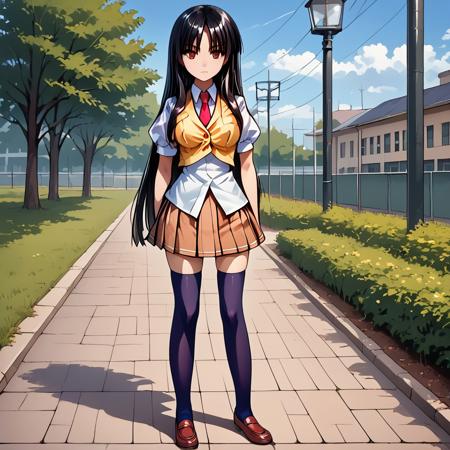 3nah1me, thighhighs, long hair, black hair,bangs , skirt, zettai ryouiki, necktie, school uniform