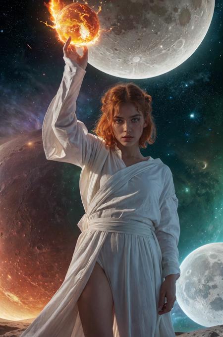 sci-fi, Outer Space, Floating, Morning Sunrise Lighting, Close Up Portrait, (ancient greek goddes female in colorful cotton toga on a moon's surface, halo on the head:1.3), (casting fireball:1.5), fire red hair with white highlights, (round blue planet destruction background, big bang background, green planet explosion background:1.3), hyperpunk scene with dark red and blue details, (wide shot:1.3), moonwalker, moon-robot, hands up, face focus, formidable and angry and mad and wicked look, looking at the viewer, highly detailed face, the punishing hand
<lora:epiCRealLife:1>
<lora:epiCRealismHelper:1>