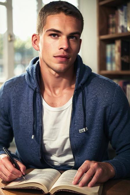 ((masterpiece)), ((best quality:1.2)), High Resolution, 8k, (ultra_realistic:1.3), (photorealistic:1.4), (instagram model, handsome:1.2), sharp focus, a photo of (mitchellslaggertkm), wearing hoodie, reading book in a university library, indoors, professional lighting, <lora:MitchellSlaggertKM:0.8>