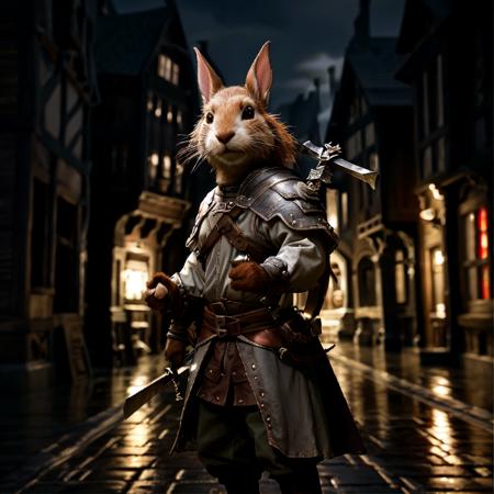 highly detailed  photo of a (harengon:1.15) standing in  a ((medieval street)) ,

holding, holding sword, armor, breastplate,


realistic:1.3, depth of field, blurry, blurry background,

photorealistic,
ultra photoreal,
32k, fantasy, 
light and dark:1.2,
shadow play:1.2,







