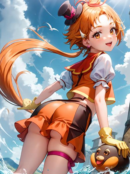 (extremely detailed CG), (best quality), 1girl, perfect face,  shiny skin, lustrous skin, wide hips, narrow waist,  <lora:CureWing-10:0.8> CureWing,vest, skirt, streaked hair, knee bots, puffy short sleeves,multicolored hair,thigh strap,mini top hat yellow gloves,puffy sleeves, orange footwear, short sleeves, shorts,bow orange eyes,top hat, orange glooves,mini hat,floves , earrings, orange hair, ass, ass focus, looking back, smile,(single twintail)