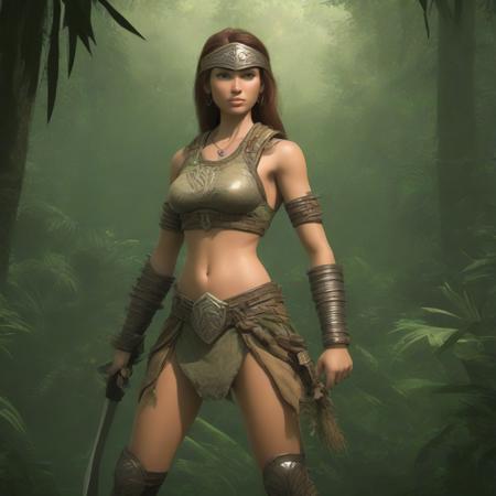 Female warrior <lora:3d_v0.0.2:1>, jungle, detailed background