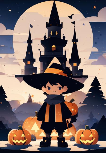 wsjbpch, 1boy, smile, black hair, witch hat, hat, male focus, jack-o'-lantern, short hair, moon, standing, sky, black headwear, scarf, pants, holding, night, long sleeves, striped, jacket, black pants, cloud, shoes, tree, pumpkin, outdoors, crescent moon, building, castle, black footwear, star \(sky\), closed mouth, star \(symbol\)<lora:MW_ä¸å£èæå¹³æç»v11:0.8>