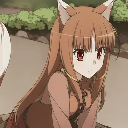 1girl, portrait, close_up, animal_ears, ((pouch)),  bangs, brown_hair, holo,red_eyes long_hair, outdoors, solo, tail, wolf_ears, wolf_girl, wolf_tail, ((medieval_city)), <lora:swholo:0.8>, zoom