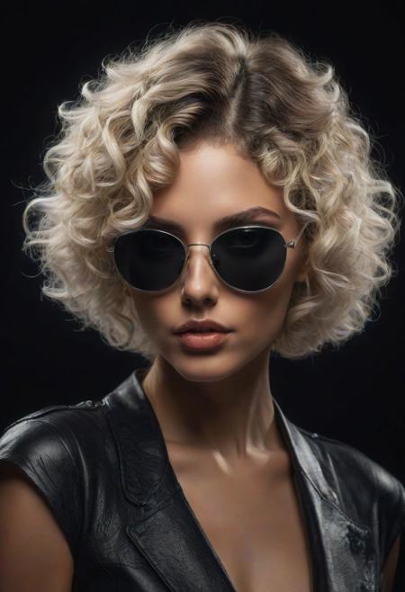 (best quality, 8K, high resolution, masterpiece), ultra detailed, (3D CGI), black sunglasses, trendy, fashionable, silver and black stylized gorgeous blonde Instagram model on a black background, short curly hair, countryside advertising, winning photo,