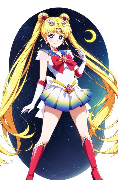 masterpiece, best quality, (1girl), supersailormoon, detailed face,  smile, nigh sky, moonlight, moon, sakura trees, city at night,  white gloves, detailed eyes, detailed face,  galaxy background, detailed background, fullbody, multicolored clothes, sailor senshi uniform, multicolored skirt, hair ornament, red bow, brooch, heart brooch, earrings, crescent, heart choker, heart, miniskirt, very long hair, back bow, crescent earrings, tiara, yellow choker, boots, knee boots, red footwear