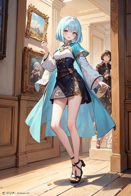 amazing intricate, cute girl, round eyes, medium breasts, 
happy, light blue hair, legs over head, in an art gallery, 
(looking away:1.2), 
medium hair, bob cut, 
(bangs:1.2), 
, 
, 
, 
, 
, 
(fantasy folk costume:1.6), 
from front, 
full body,