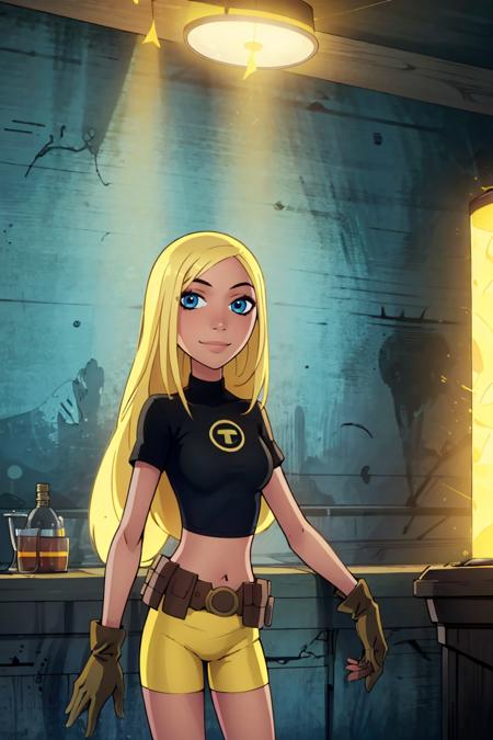 Terra, 1girl, solo, long hair, blonde hair, blue eyes, black shirt, gloves, yellow shorts, midriff, belt,