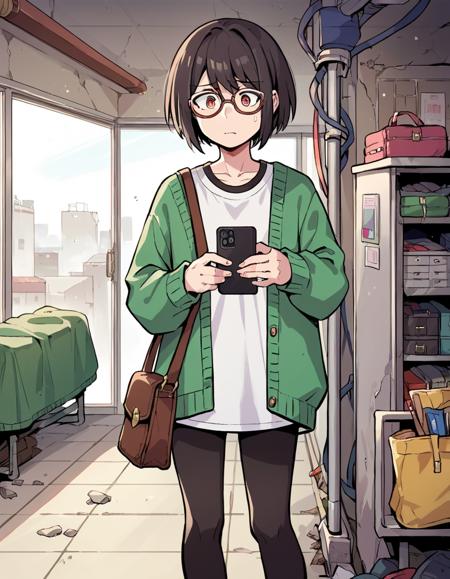 RGShiki,short hair,green cardigan,white shirt,black leggings