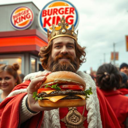 A king with brown hair and facial hair holding and presenting a hamburger called a whopper.a sign above that says burger King. Pov view.people are around happy