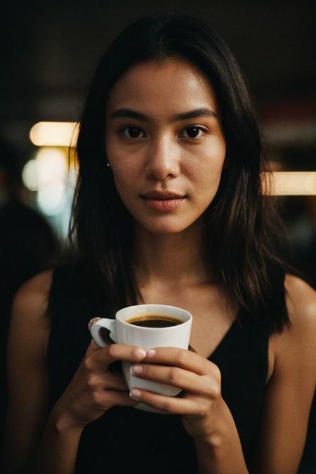 In a low-key style with the grainy texture of expired film, the photo offers a close-up view from above of a photo-realistic close-up medium shot of a beautiful girl's figure standing tall, depicted in full body, gently cradling a steaming small cup of coffee. The attention to detail captures every nuance of the subject's features and attire, creating a lifelike representation that almost breathes with realism. Against the backdrop of vibrant neon signage, the scene comes alive with a juxtaposition of warmth and urban energy. The subject's expression exudes a sense of calm amidst the bustling cityscape. Bathed in the dim neon-colored light of a blacked-out large window showcasing the city's glowing neon signs, the scene is a captivating mix of dramatic shadows, a washed-out color palette, and a shadowy ambiance reminiscent of a Kodak Portra 800 night shot.