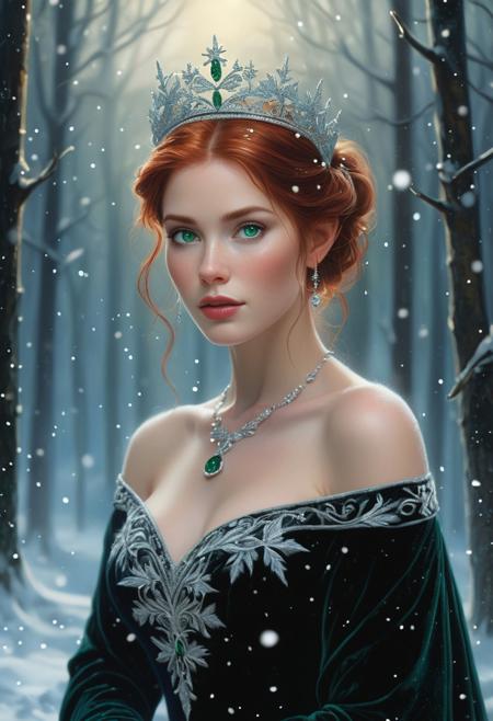 A resplendent, red-haired woman stands majestically in a sumptuous, snow-covered winter forest, reminiscent of Thomas Kinkade's idyllic landscapes, as seen in the soft, ethereal moonlight of a tranquil Christmas Eve. Her piercing green eyes sparkle like polished emeralds, while her porcelain skin glows with a soft, subtle luminescence, as if kissed by the moon. She wears a stunning, black velvet gown, intricately adorned with delicate, shimmering silver embroidery that catches the lunar light, casting a mesmerizing glow across her regal form. Her raven-haired, sleek updo is adorned with a dainty, glittering silver tiara, adding a touch of understated sophistication to her commanding presence. The serene winter forest, with its snowflakes gently falling from the trees, is illuminated by the soft, golden glow of twinkling Christmas lights, delicately woven through the branches, infusing the atmosphere with an air of mystique and wonder. The overall ambiance is one of refined, timeless elegance, blending the boundaries between reality and fantasy, in a hyperdetailed, misty, and enchanting setting, with the subtle, dreamy quality of a fantasy illustration by artists like Kinuko Y. Craft, Amy Brown, and Stephanie Pui-Mun Law.