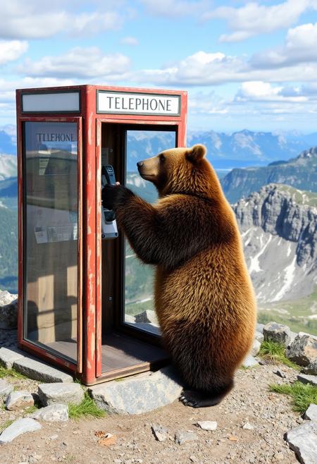 A grizzly bear using a telephone booth on a rocky mountaintop with a view