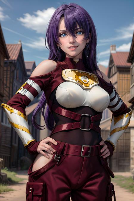 masterpiece, best quality, highres, ultra-detailed,arthur pencilgon, purple hair, long hair, blue eyes, earrings, hair between eyes, bangs, breastplate, clothing cutout, bodysuit, hip vent, gloves, pants, breastplate, fingerless gloves, armor, boots, cowboy shot, looking at viewer, outdoors, day, sunlight, blue sky, open mouth, evil smile, hand on hip