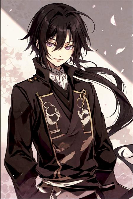 Hijikata Toshizou,  ascot,  black hair,  looking at viewer,  military uniform,  purple eyes,  smile,  uniform,  upper body, <lora:EMS-46732-EMS:1.000000>