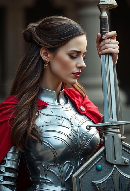 A woman in silver armor, red cape, holding an ancient sabre in her right hand, held high in front of her face, the point of the sword pointed to the ground, woman with long brown hair, slightly tilted head, eyes closed, wearing jeweled earrings, breast, medium breast, lips, left hand holding shield, profile, outdoor blurred background, science fiction
