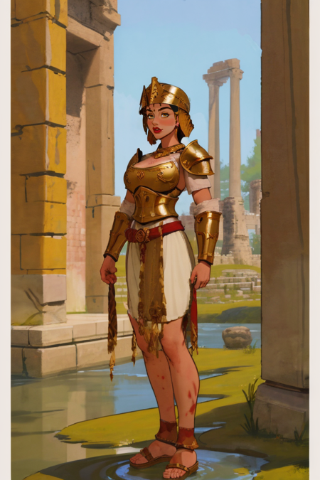 masterpiece, best quality, glorious painting depicting the busty female goddess Nerio wearing Roman armor, centurion helmet and sandals, standing in front of the roman army at the river rubicon