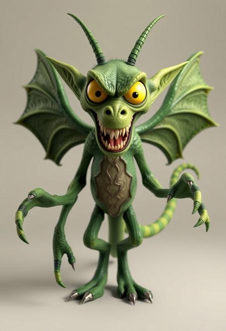 Clay Animation - a pixar style 3d animated green character called a jabberwock, angry, fierce, scary, big yellow eyes, wings, scales. long ears. long sharp teeth. at least ten feet tall with a simian like build, almost like a lemur. Its limbs are long and elongated and slender, 3 long fingers and claws. with a pointed end long tail ending, standing on two toes with a dewclaw/thumb. looking at camera over a simple background