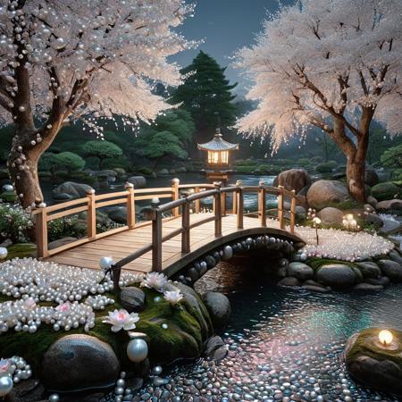 Pearlum,
8k, score_9, score_8_up, score_7_up,
masterpiece,realistic,ultra detailed, vibrant colors,photo-realistic,
A serene Japanese garden at twilight, featuring a tranquil koi pond with delicate water lilies, a traditional stone lantern glowing softly, moss-covered rocks, and a curved wooden bridge surrounded by blooming cherry blossoms. The scene is bathed in a pearlescent, iridescent glow, with gentle mist adding a mystical atmosphere. The Pearl Morph LoRA enhances the luminous textures of water, petals, and stones, creating a dreamy, ethereal aesthetic, highly detailed, cinematic lighting, vibrant yet soft colors, 8k resolution.