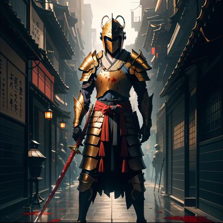 photorealistic, (hyperrealistic:1.2), beautiful, masterpiece, best quality, extremely detailed face, perfect lighting,  WarriorStyle, weapon, sword, japanese armor, armor, holding weapon, holding, holding sword, katana, hat, shoulder armor, samurai, helmet, kabuto (helmet), 1boy, blood, red eyes, male focus, standing, solo, japanese clothes, sheath, full body, mask, mouth mask, face mask, detailed hands and fingers,