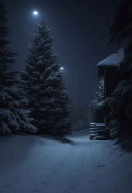 path to the bathhouse, 
cleared snow, 
night, 
snow, 
fir tree, 
black background, 
blizzard