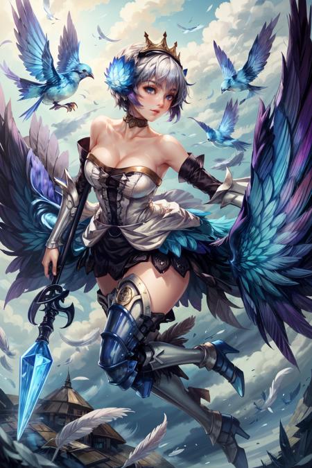 ((masterpiece:1.26), best quality)
OdinSphereGwendolyn, 1girl, solo, breasts, short hair, blue eyes, hair ornament, thighhighs, dress, cleavage, bare shoulders, medium breasts, purple eyes, weapon, white hair, grey hair, boots, detached sleeves, wings, sky, choker, cloud, armor, strapless, bird, thigh boots, feathers, crown, polearm, strapless dress, feathered wings, flying, shield, spear, armored dress, low wings, multiple wings, multicolored wings, valkyrie  <lora:epi_noiseoffset2:1>  <lora:add_detail:0.7>  <lora:OdinSphereGwendolyn:0.8>