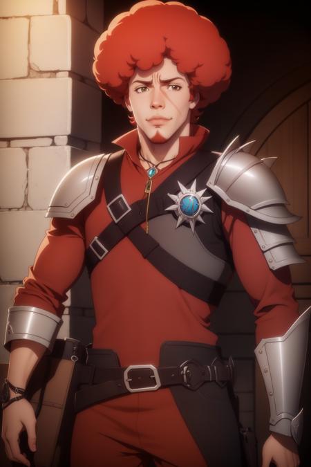 <lora:CREATED_ANIME_ShingekiNoBahamut_FavaroLeone_v01_dim64:0.7>favaro leone \(shingeki no bahamut\), 1boy, season1, young man, clean shaven, facial scar, afro, full body, single pauldron, 64K, f1.2, 800mm, UHD, dynamic lighting