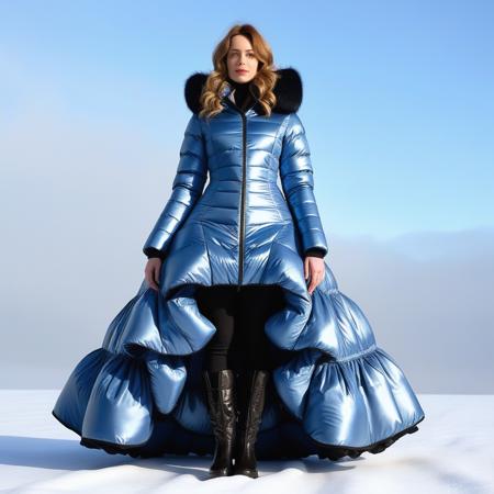 woman blue long down coat big ass wide hips winter boots, shiny fluffy big wide victorian crinoline long down coat