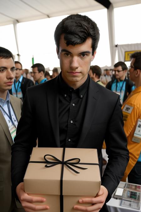 raw photo of a young man, ((looking at camera)), in a stunning black suit at the crowded comicon convention, holding a suprise box, (people in the background), confused, 8k uhd, fujifilm xt3