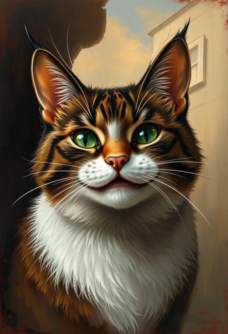 of a smiling cat, oil painting art style from Renaissance period, masterful composition, Renaissance mood, renaissance oil painting, brush strokes, Fantasy illustration style, transports viewers to imaginative worlds, epic landscape, and heroic adventures, sparks wonder and inspiration