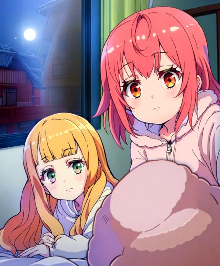 OtoriKokona hairdown; Kathrina hairdown; multiple girls, 2girls,  fingers, lying on stomach , hoodie, collarbone, hood, looking at viewer, blunt bangs, parody, closed mouth, eyelashes, blush, selfie, bangs, indoors, pink hoodie, on bed, sitting, wariiza, kawa; balcon outside ,
japanese room,   windows, moonlight 
<lyco:worlddaistar-step-40000:1.0>