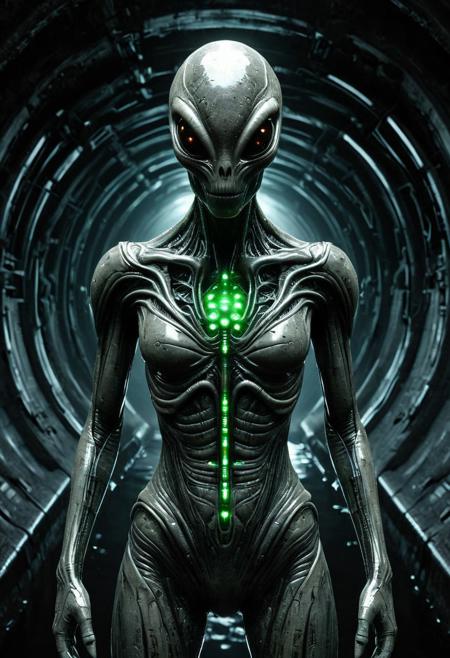 tunnel, sewer tunnel, reflection, creepy, dark, dirty, organic creepy alien from outerspace, symmetrical face front view,, hyperrealistic render metalic details, beautiful glowing bio-mechanical suit, surreal and intense, 4k resolution best artist, best shadows, best lighting, best textures, best contrast, masterpiece, epic background, photo realistic, portrait,