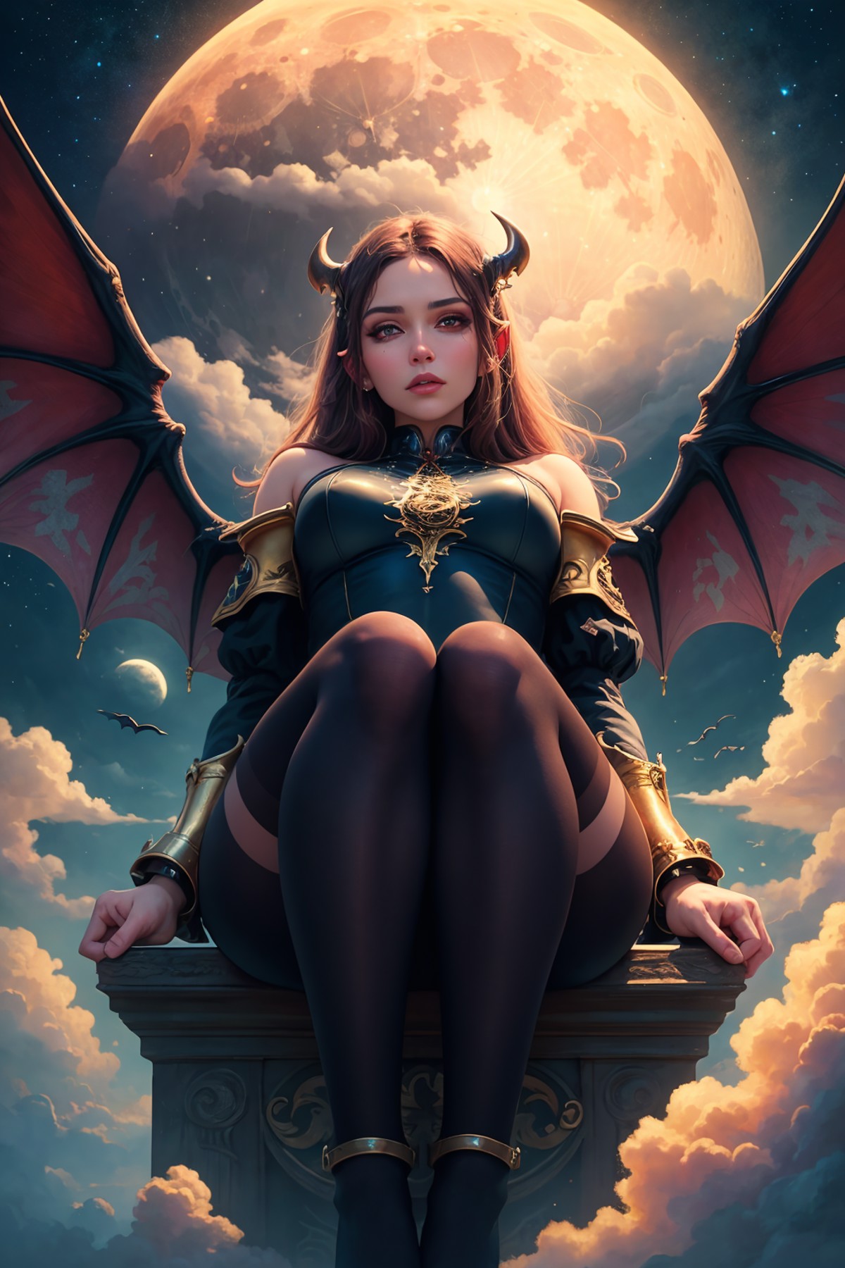 ((best quality)), ((masterpiece)), (detailed), succubus, ethereal beauty, perched on a cloud, (fantasy illustration:1.3), ...