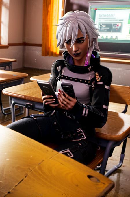 <lora:Fortnite_Highwire_1.1:0.9>, Fortnite_Highwire, (Black T-Shirt, Purple Skirt:1.4), Sneakers, (((interior, Classroom, Texting, Holding Cellphone, Cellphone, Sitting, School Desk))), ultra realistic 8k cg, picture-perfect face, flawless, clean, masterpiece, professional artwork, famous artwork, lighting, cinematic bloom, perfect face, beautiful face, beautiful eyes, volumetric lighting, cgi, 3d, octane render, ambient occlusion