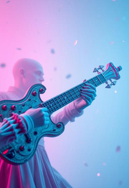 "((Color rush)),  octocore, rococo punk, petrol colored, mucical instrument , illusion,  limitless, pale, chaotic, mucical notes , ultra detailed, cinematic  "