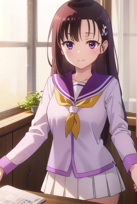 hitomihino, <lora:hitomi hino s1-lora-nochekaiser:1>,
hitomi hino, long hair, black hair, hair ornament, (purple eyes:1.1), smile,
BREAK skirt, school uniform, pleated skirt, serafuku, white skirt, shirt, purple shirt, sailor collar, white sailor collar, long sleeves, neckerchief, yellow neckerchief,
BREAK indoors, classroom,
BREAK looking at viewer, (cowboy shot:1.5),
BREAK <lyco:GoodHands-beta2:1>, (masterpiece:1.2), best quality, high resolution, unity 8k wallpaper, (illustration:0.8), (beautiful detailed eyes:1.6), extremely detailed face, perfect lighting, extremely detailed CG, (perfect hands, perfect anatomy),