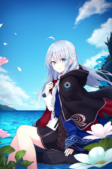 best quality, highly detailed, masterpiece, ultra-detailed, 1girl, blue_eyes, petals, solo, long_hair, smile, ahoge, water, sitting, silver_hair, hood, braid, flower, ocean, fish, blurry_foreground, looking_at_viewer, underwater, cloak<lora:elaina_v2:0.9>